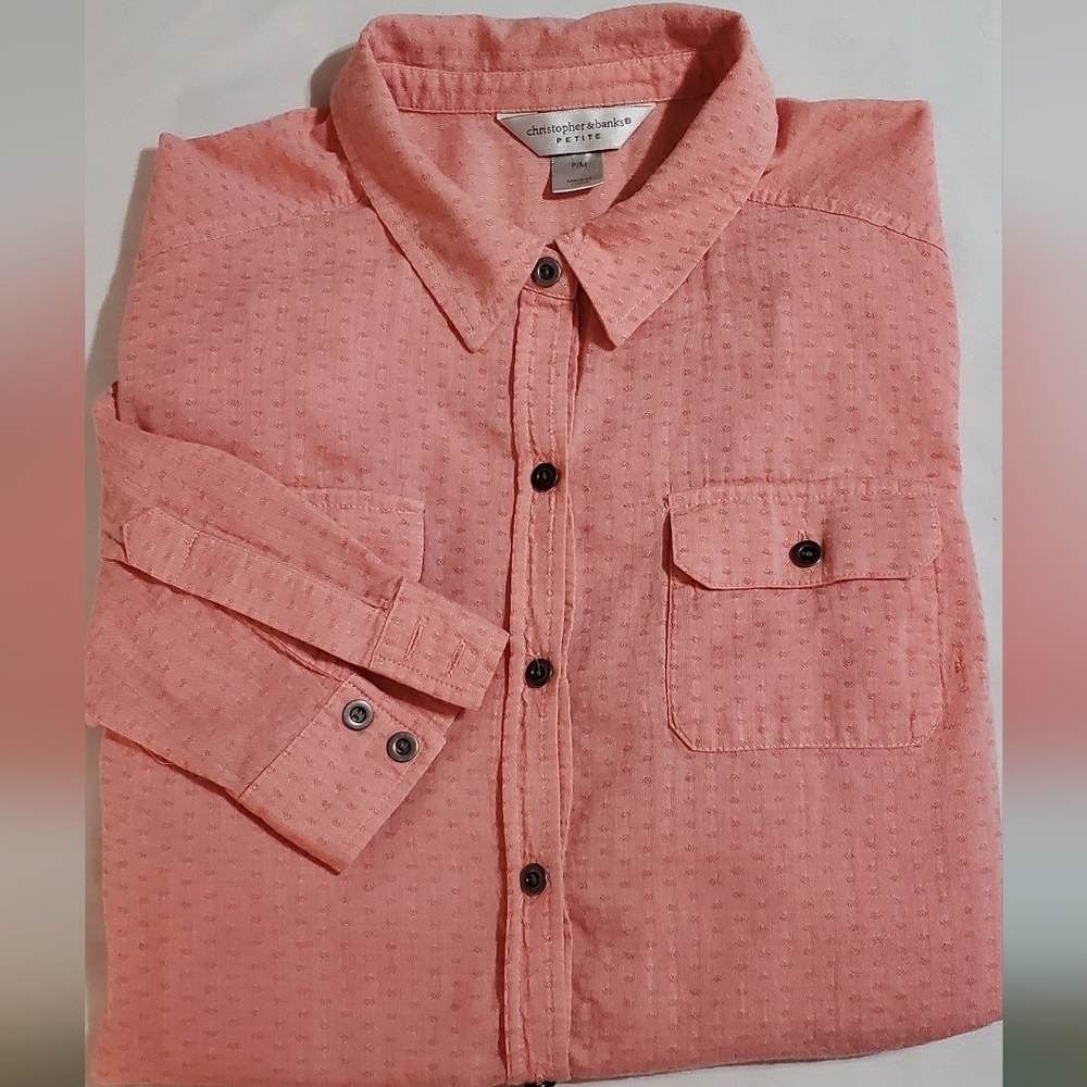 Christopher & Banks Coral Button-Up Blouse.  Full Or 3/4 Lenght Sleeves. Sz PM
